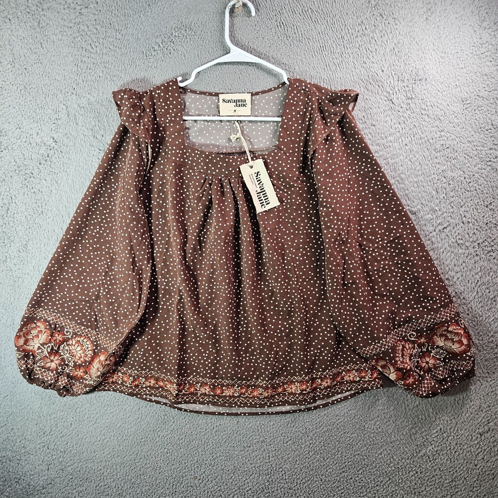 NEW Savanna Jane Top Blouse Women Medium Embroidered Hem‎ Polka Dot Brown